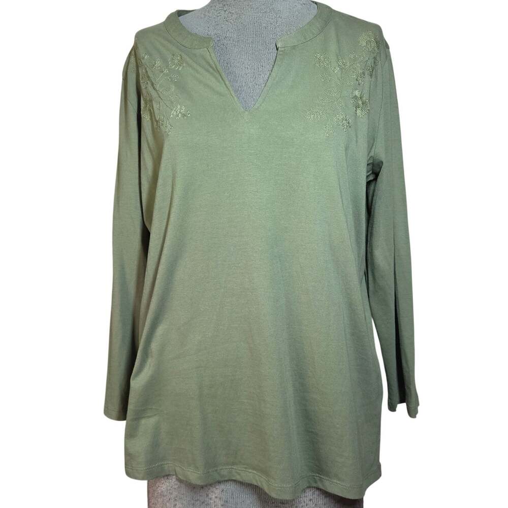 Talbots Green Cotton Embellished Neckline Tee Size Medium